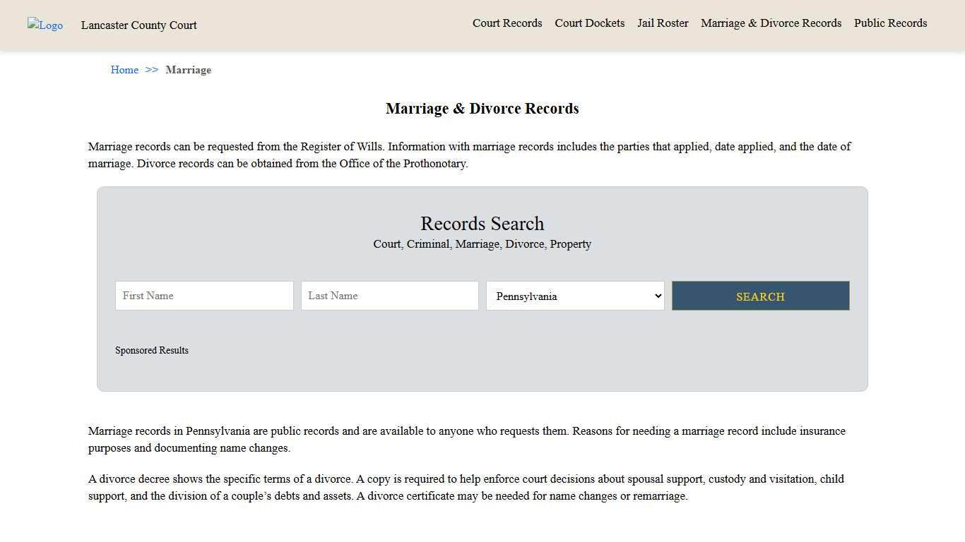 Marriage & Divorce Records Lancaster County Court