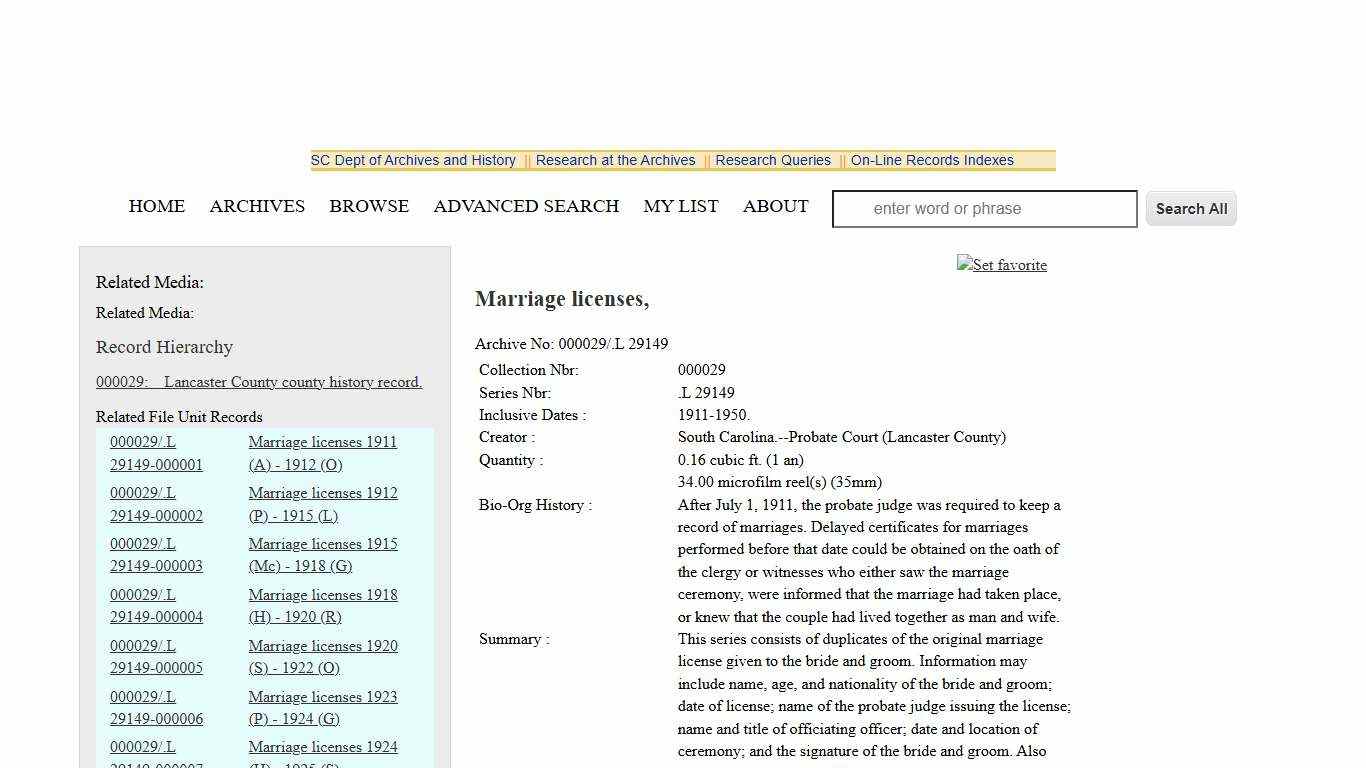 Marriage licenses, SC Department of Archives and History
